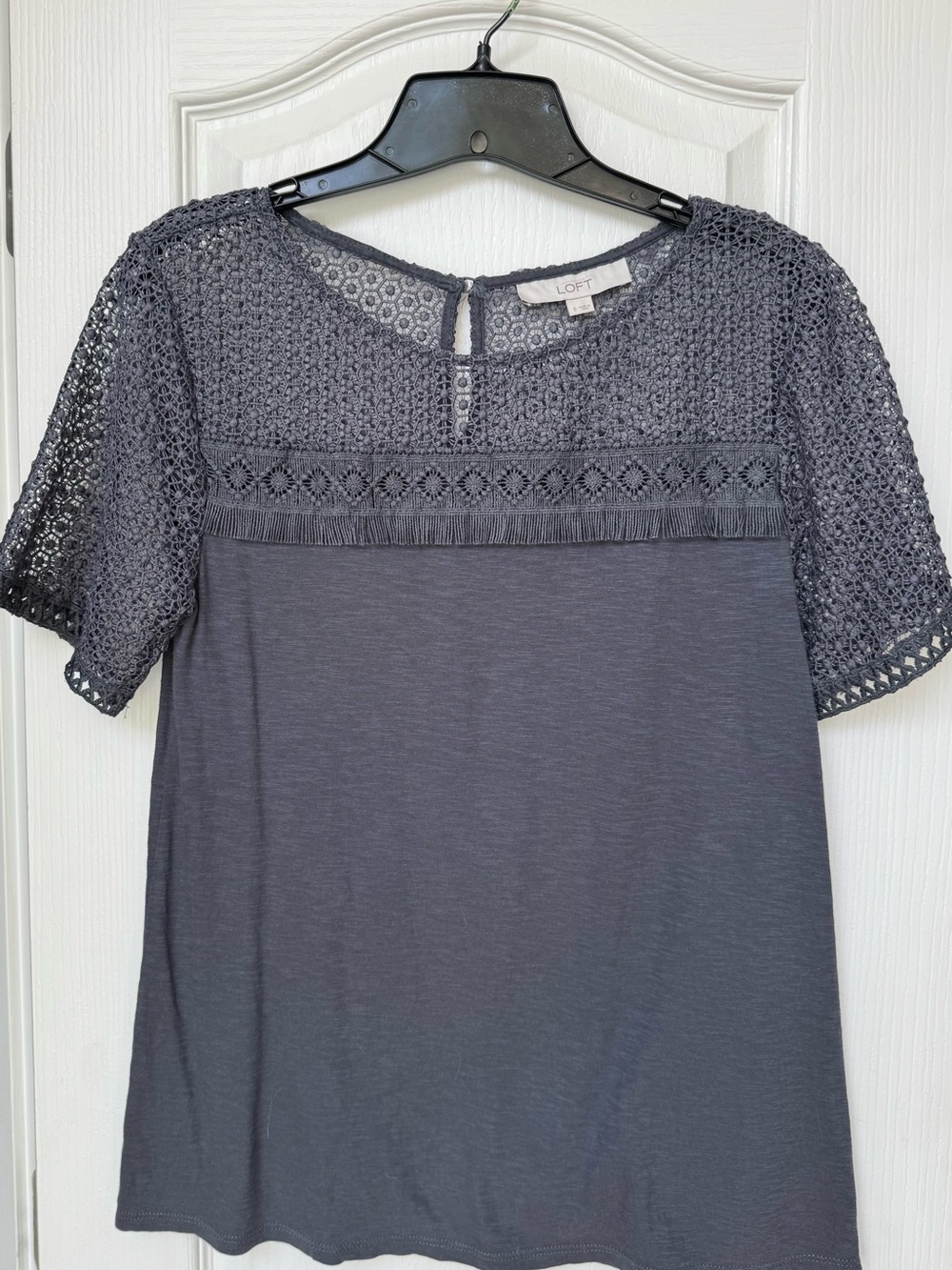 LOFT Charcoal Gray Crochet Yoke Short Sleeve Top-Small